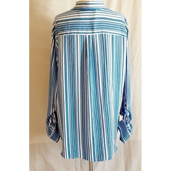Jones New York Signature Shirt 1X Blue Stripe Button Front Long Roll Tab Sleeve - Picture 3 of 4